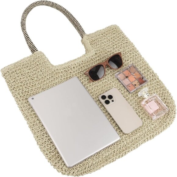 Women's B-beige Large Straw Beach Bag Handmade Woven Shoulder Hobo Tote Handbag - Picture 4 of 5